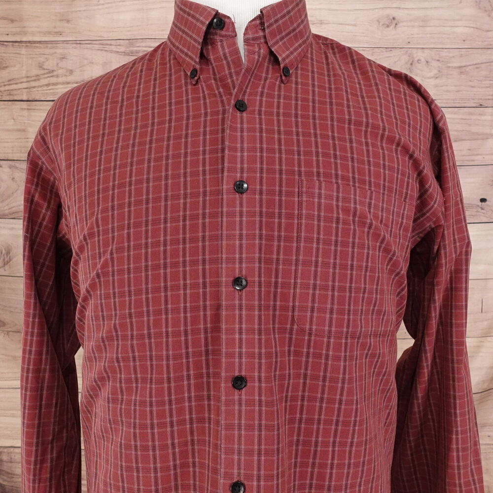 VAN HEUSEN STUDIO NO IRON RED PLAID CHECK BUTTON‎ DOWN SHIRT MENS SIZE L 16-16.5